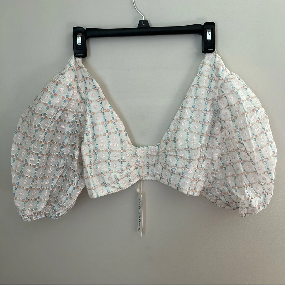 For Love And Lemons White Eyelet Crop Top with Pastel Blue Print - Picture 2 of 14